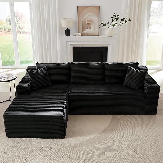 103'' Modular Sectional Sofa with Deep Seat Comfy L Shaped Couch Modern Cloud Couch with Oversized Chaise Corduroy No Assembly Required for Living Room Bedroom Black
