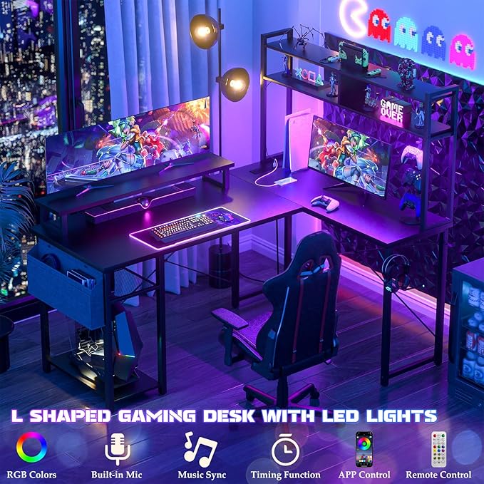 Aheaplus Small L Shaped Gaming Desk with LED Lights &amp Power Outlets Reversible L-Shaped Computer Desk with Monitor Stand &amp Storage Shelf Corner Desks Home Office Desk with Storage Bag Black
