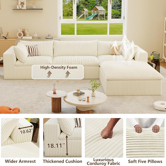 Modular Sectional Sofa Corduroy Plush L Shape Cloud Couch Modern Deep Seat Boneless Couches for Living Room Large Compression Sofas Luxury Fluffy Couchs Sectionals White
