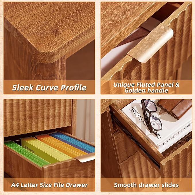 LEYAOYAO Office Desk 48 with 3 Drawers Storage File Cabinet Wood Fluted Desk for Computer Office Bedroom Home Furniture Tea Brown