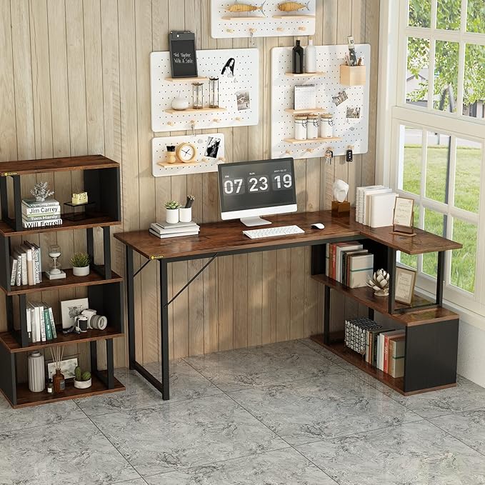 48.8in Compact L-Shaped Computer Desk with 2-Tier Storage Shelf Sturdy Construction Ideal for Home Offices and Gaming Rooms Brown