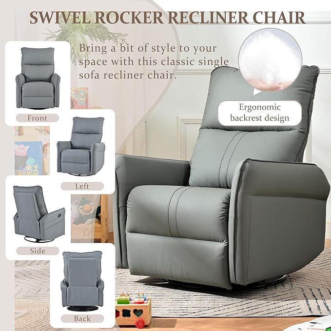 Power Swivel Rocker Recliner Chair for Nursery Upholstered 270° Swivel Glider Rocker Chair with USB Ports Small Power Recliners for Small Spaces Living Room