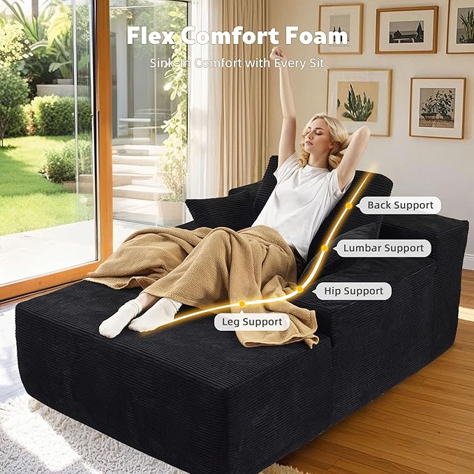 67x48 Oversized Chaise Lounge Chair Indoor Upholstered Sofa Bed with Plush Faux Fur Sleeper Couch Reading Chair Fluffy Cloud Sofa for Living Room Corduroy Black