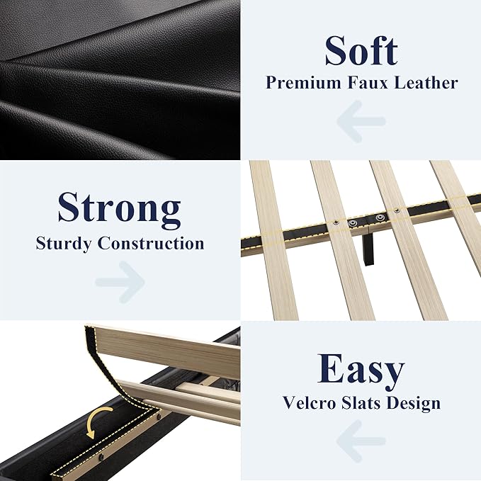 Allewie King Size Bed Frame with Adjustable Headboard Faux Leather Platform Bed with Wood Slats Heavy Duty Mattress Foundation No Box Spring Needed Noise-Free Easy Assembly Black