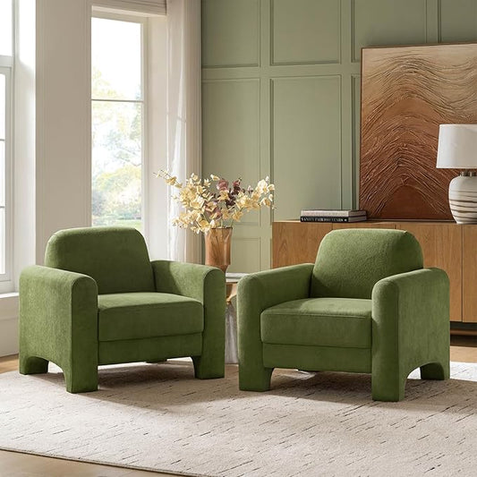 HULALA HOME Modern Curved Accent Club Chairs Set of 2 Chenille Armchair Upholstered Sofa Chairs with Wrapped Armrests Comfy Reading Armchair for Living Room Easy Assembly Olive