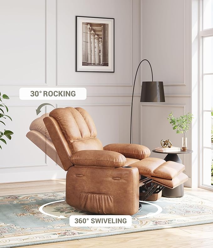 22 in Leather Recliner Chair for Adults Overstuffed Manual Recliner Single Sofa with Cup Holder &amp Side Pockets 400 LBS Capacity Upholstered Chair for Living Rooms Brown