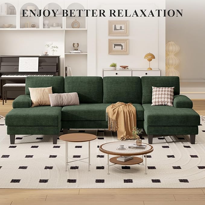 110 U-Shaped Sectional Sofa Couch for Living RoomModern Modular Sofa with Double ChaiseClassic Lounge Couch Sleeper forApartment Green Corduroy