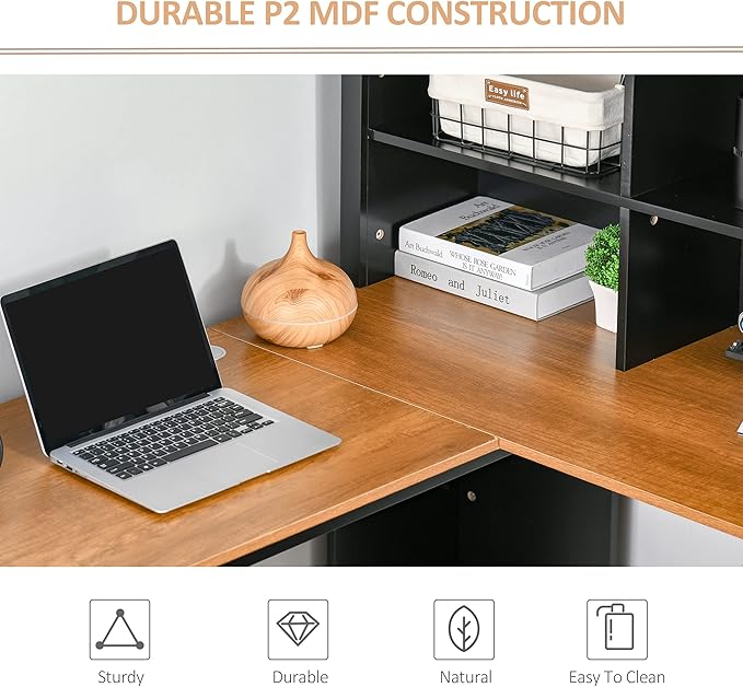 HOMCOM L Shaped Computer Desk with Hutch 59 Corner Desk Space Saving Home Office Desk with Storage Shelves Drawer and Cabinet Black