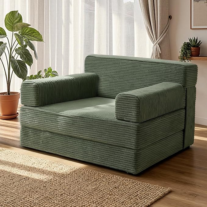Folding Sofa BedConvertible Sofa Bed with Armrest Foldable Sleeper Chair Portable Folding 4-in-1 Floor Sofa with Convertible Lounge Chair for Living RoomBedroomWashable CoverGreen Single