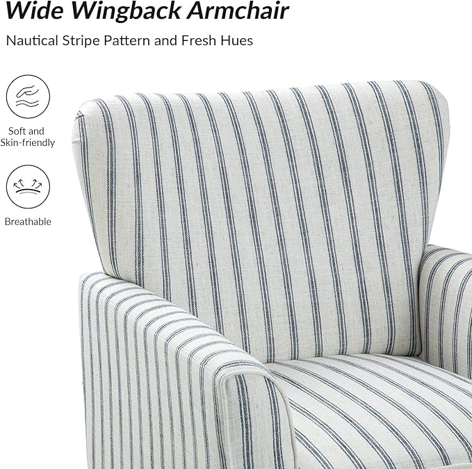 HULALA HOME Farmhouse Wingback Accent Chair Upholstered Striped Armchair with Solid Wood Legs Thick Seat Cushion for Living Room or Bedroom Navy
