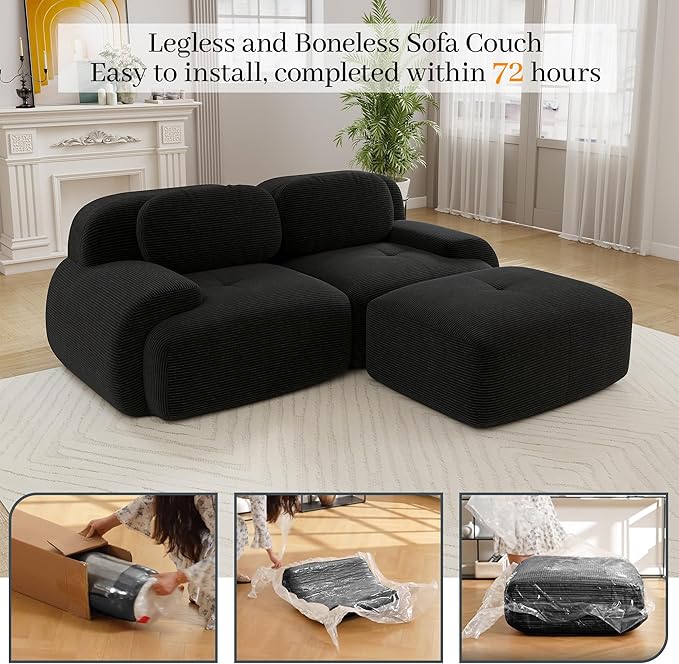 Boneless Sectional Couch No Assembly Required 81.8” L Shaped Modular Cloud Sofa with Pillow and Ottoman Deep Seat Corduroy Couch for Living Room Bedroom Office Apartment
