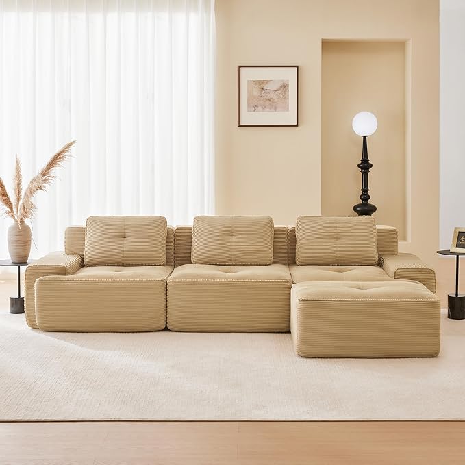 117'' Boneless Couch Modular Sectional Sofa Modern L Shaped Sectional Couches for Living Room with Deep Seat and Ottoman Comfy Corduroy Cloud Couch Oversized 3-Seater Sleeper Sofa Camel