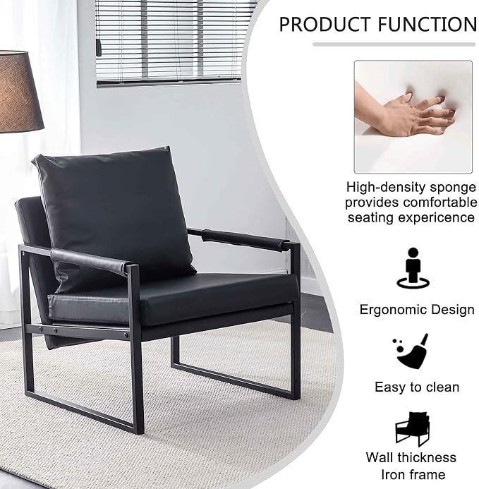 Mid Century Modern PU Leather Accent Arm Chair with Metal Frame and Thick Padded Backrest Upholstered Lounge Armchair Sofa for Living Room Bedroom
