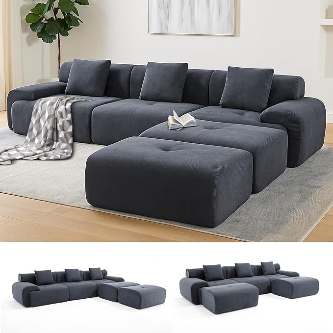 122 Modular Sectional Sofa Convertible L-Shape Cloud Couch Corduroy Upholstered Boneless Sofa Set with Deep Seat &amp Movable Ottoman No Assembly Needed for Living Room Bedroom Home Office Gre