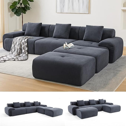 122 Modular Sectional Sofa Convertible L-Shape Cloud Couch Corduroy Upholstered Boneless Sofa Set with Deep Seat &amp Movable Ottoman No Assembly Needed for Living Room Bedroom Home Office Gre