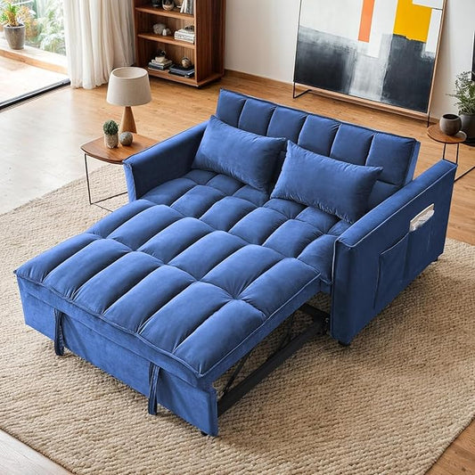 3 in 1 Convertible Sleeper Sofa BedFuton Couch with Pull-Out Bed &amp Adjustable BackrestVelvet Fabric Loveseat Sleeper with Side Pocket for Small Apartment Living Room Office (Blue) | Adjustable