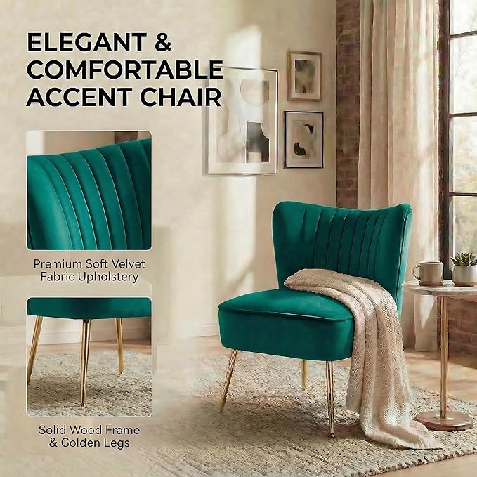 DUOMAY Modern Accent Chair Set of 2 Velvet Slipper Chair with Gold Legs Wingback Side Chair for Living Room Bedroom Entryway Small Corner Chair for Space Saving Green