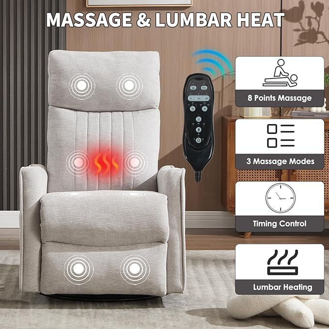 Swivel Rocker Recliner Chair 360° Swivel Recliner with Heat and Massage Rocker Recliner Nursery Glider Chair with Side Pockets for Living Room (Light Grey Fabric)