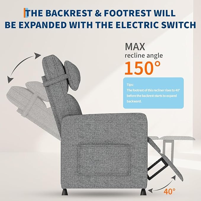 PeakPursuit Power Recliner Chair with Electric Adjustable Back USB Port &amp Side Pockets Single Overstuffed Recliner Chair for Living Room Bedroom or Home Theater Grey