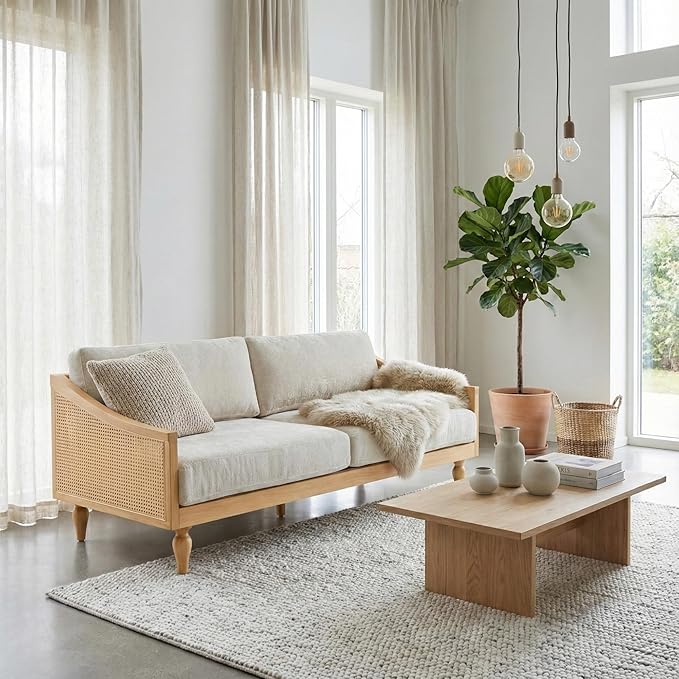Christopher Knight Home Harper Mid-Century Loveseat Sofa Couch 2-Seater Lounge Sofa with Rattan Armrests and Wooden Legs Chenille Upholstered Couches for Living Room and Small Space Natural