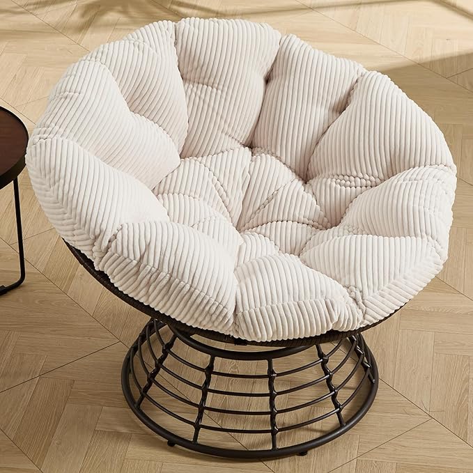 36” Papasan Chair with Cushion and Frame Oversized Papasan Chairs 360° Swivel Olefin Adjustable Feet Suitable for Living Room Patio Bedroom Indoor/Outdoor (White)