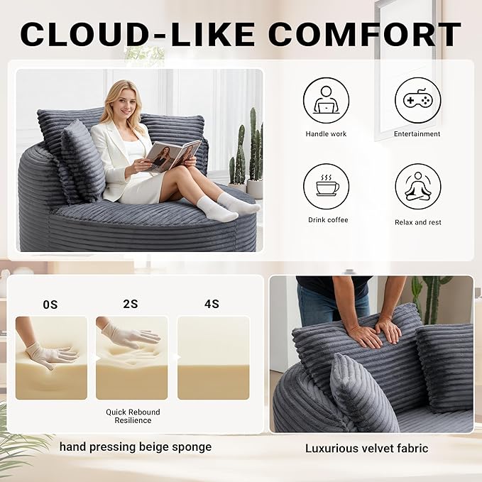 54-inch Oversized Round Chaise Longue Chair Indoor Modern Upholstered Corduroy Deep Seat Circle Cloud Chair Single Boneless Reading Chair for Living Room Bedroom Apartment Gray