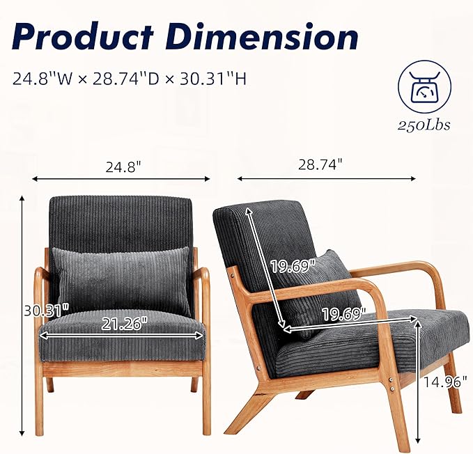 Corduroy Accent Chair Set of 2 Mid Century Modern Armchair with Soft Cushion Wingback Lounge Chair with Solid Wood Frame for Bedroom Living Room Reading Room (Dark Grey)