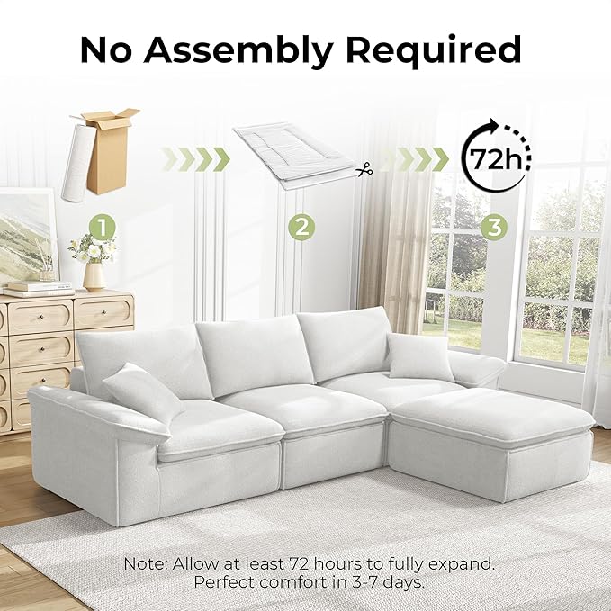 LIKIMIO 120 L-Shaped Modular Sectional Sofa Cloud Sectional Couch with Deep Seat Comfy Teddy Upholstery Oversized 3-Seater with Ottoman Boneless Couch for Living Room No Assembly White
