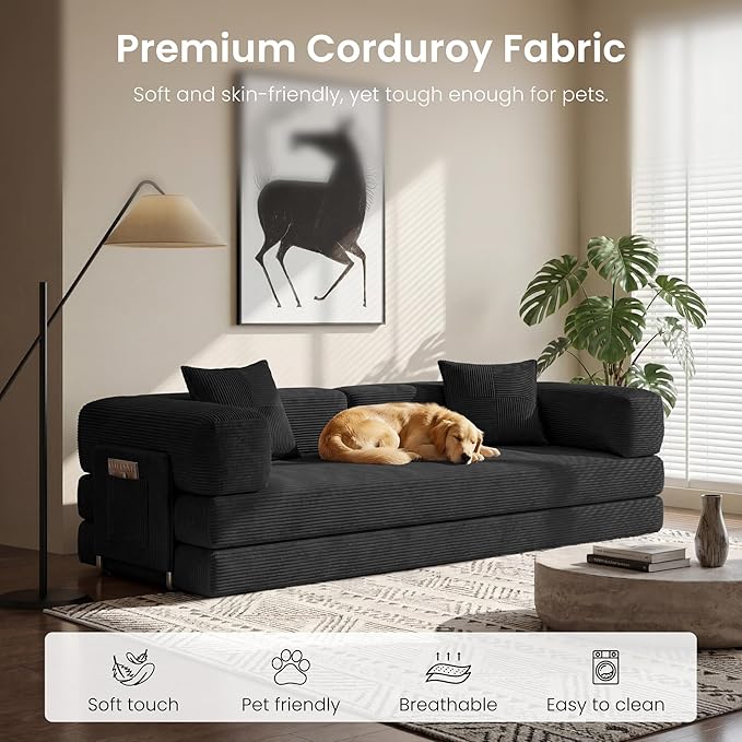 Convertible Floor Sofa Couch | 98.4’’ Folding Futon Sofa with Storage Pocket Oversized Corduroy Loveseat Sleeper Sofa with Pull Out Bed Modular Sectional Sofa for Apartment | Black