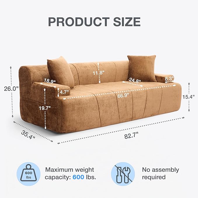 82.7 Modern Velvet Boneless Couch Ultra Comfy 3-Seater Sofa for Living Room Bedroom Home Office No Assembly Required (Brown)