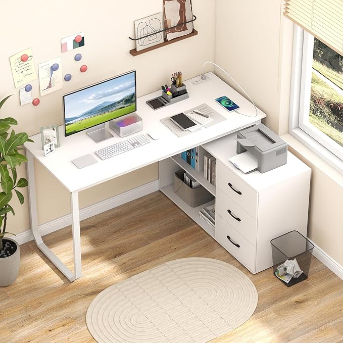 Tangkula 55 Reversible L Shaped Desk with 3 Drawers Home Office Desk with Adjustable Shelf &amp Power Outlet Study Writing Table Computer Workstation for Small Space Corner Desk (White)