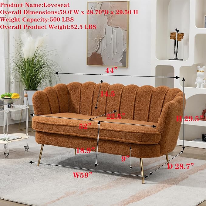 Modern Boucle Loveseat CouchFuton Small Sofa with Gold Metal Legs 2-Seater Upholstered Mini Sofa Couches for Small SpaceLiving Room Bedroom Office Dorm Studio Apartment Love Seat Couche(Brown)