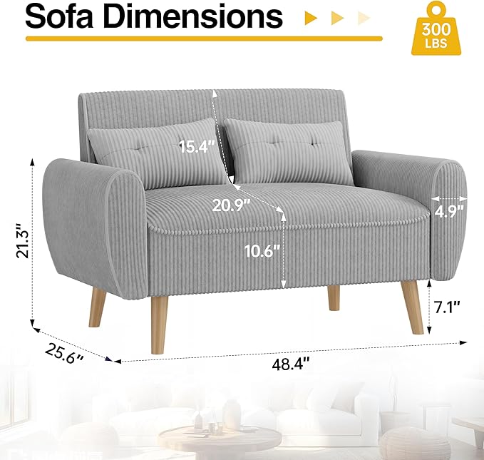 JAMFLY 47'' Small Loveseat Sofa 2 Seat Compact Couch with Tapered Legs Light Grey Upholstered Furniture Solid Wood Frame Comfy Foam Cushion Easy Assembly for Small Spaces