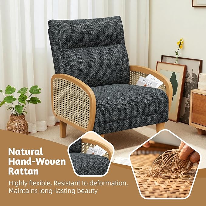 Rattan Accent Chairs Set of 2 Arm Chair with High Resilience Cushion Armchair with Sturdy Ash Wood for Living Room Dark Gray
