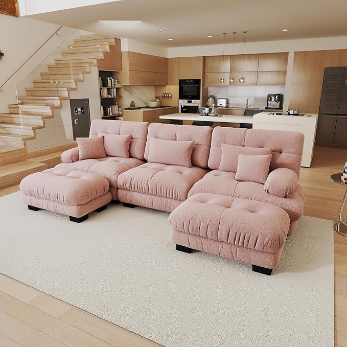 133.8 Oversized Modular Sectional Sofa 3 Seater Pink Large Sectional Couches for Living Room Chenille Fabric Sofa Set Cloud Couches with Ottoman Deep Seat Modern Sofas para Sala U Shaped