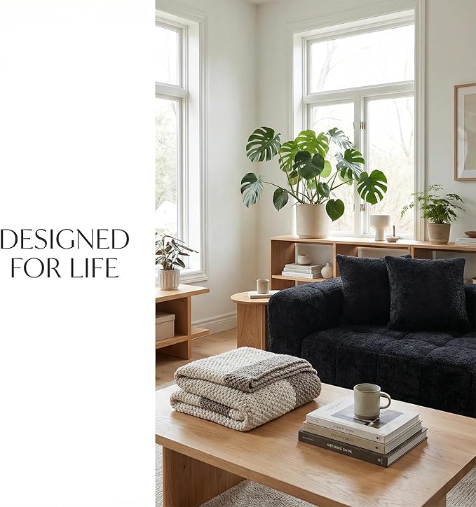 107.9“Cloud Sectional Boneless Couch Modular Sofa with Deep Seat 5 Pillows L-Shaped Free Combination Soft Boucle Fabric 1400 lbs Capacity Living Room Apartment. (Black Right Hand Facing) | No Assembl