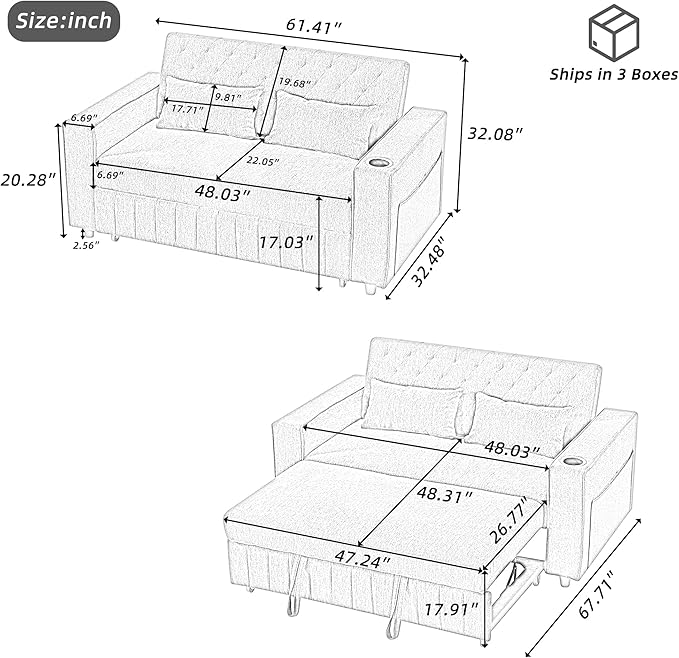 61.4 Pull-Out Sofa Bed Convertible Sleeper Sofa Bed with Adjustable Backrest Cup Holders Storage Rack Handy Side Pockets Two Lumbar Pillows Modern Loveseat Sofa for Living Room