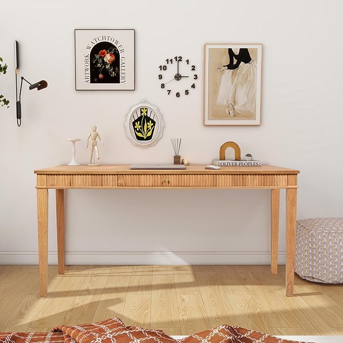 Modern Farmhouse 1-Drawer Fluted Home Office Writing Desk Natural Blonde Solid Rubberwood &amp Rubberwood Veneer