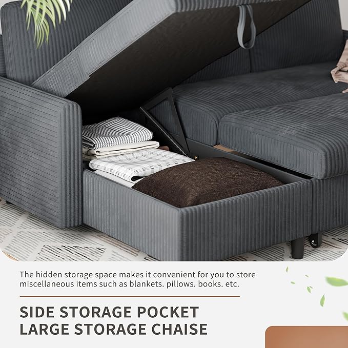 Walsunny Sectional Sofa Couch Bed L Shaped Sleeper Sofa Bed Pull Out Bed with Storage Reversible Sectional Couches for Living Room Apartment Office(Dark Gray)