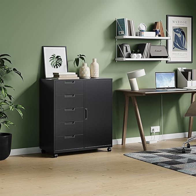 Letaya 5 Drawer Storage Cabinet Mobile Printer Stand for Home OfficeDresser Chest with Shelves and Door(Black)