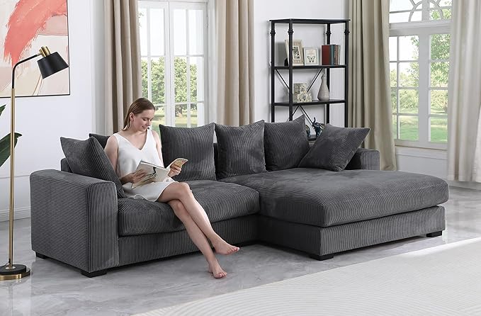 L-Shaped Corner Corduroy Sectional Sofa 4 Seat Modular Boneless Sofa Foam Cloud Couch with Movable Ottoman and Toss PillowsModern Deep Seat Convertible Chaise Sofa