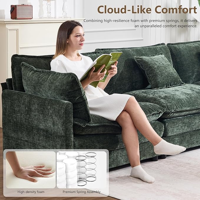 Modular Sectional Sofa Deep Seat Chenille L Shaped Couch with Throw Pillows &amp Movable Ottoman 3 Seater Comfy Cloud Sectional Couches for Living Room Bedroom Apartment Green