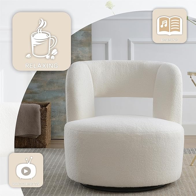 Swivel Accent Chair 360° Swivel Comfy Upholstered Seat for Living Room Bedroom Office Swivel Barrel Chair in Soft Teddy Fabric for Makeup Vanity &amp Waiting Room(White)