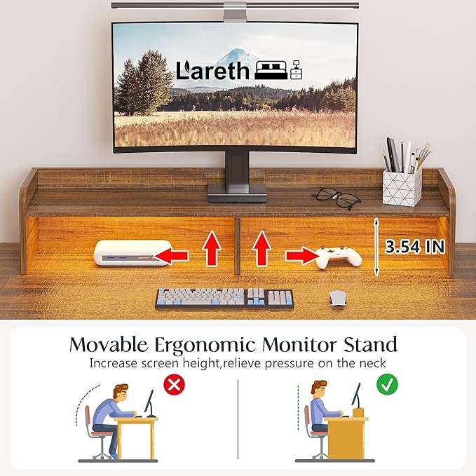 L Shaped Desk with Monitor Stand Farmhouse Computer Desk with LED Lights Executive L Corner Desk with Power Outlets Home Office Desk with Storage File Drawers for Home Working Gaming Walnut