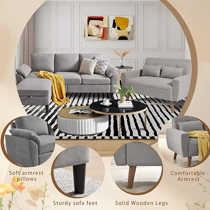 2 Piece Sectional Sofa Set 3-Seater L Shaped Couch with Storage Ottoman 2 Seat Loveseat Comfy Sofa Set Polyester Fibre for Living Room Light Grey