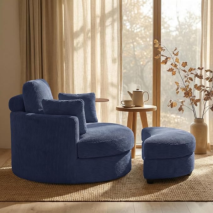 Yoglad 51” Swivel Barrel Chair with Storage Ottoman Corduroy Upholstered Accent Chair and A Half with Tray Table Oversized Chaise Lounge Round Sofa Chair for Living Room Bedroom(Blue)