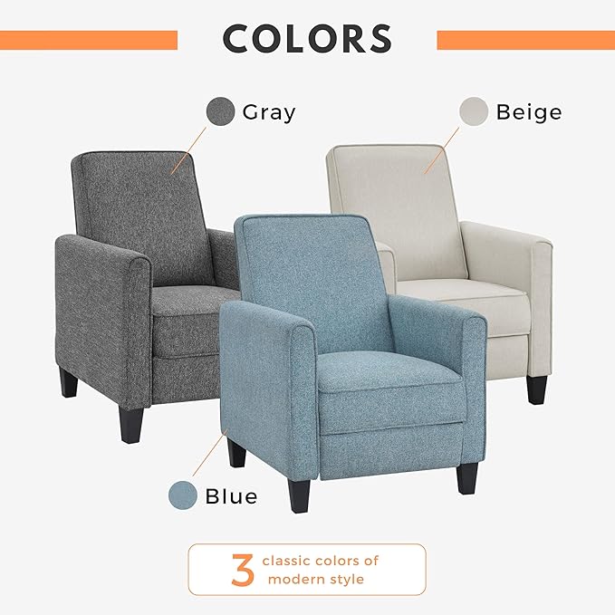 24/7 Shop at Home Mulvane Modern Recliner Chair with Push Back &amp Foot Rest Single Couch with Fabric Upholstered &amp Plastic Legs Sofa Reclinable Individual for Bedroom Living Room Home Offic
