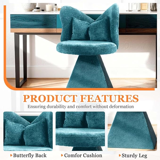 360° Swivel Vanity Chair with Back and PillowChenille Comfy Makeup Chairs for VanityBlue Modern Desk Chair No Wheels for BedroomLiving Room (Blue)