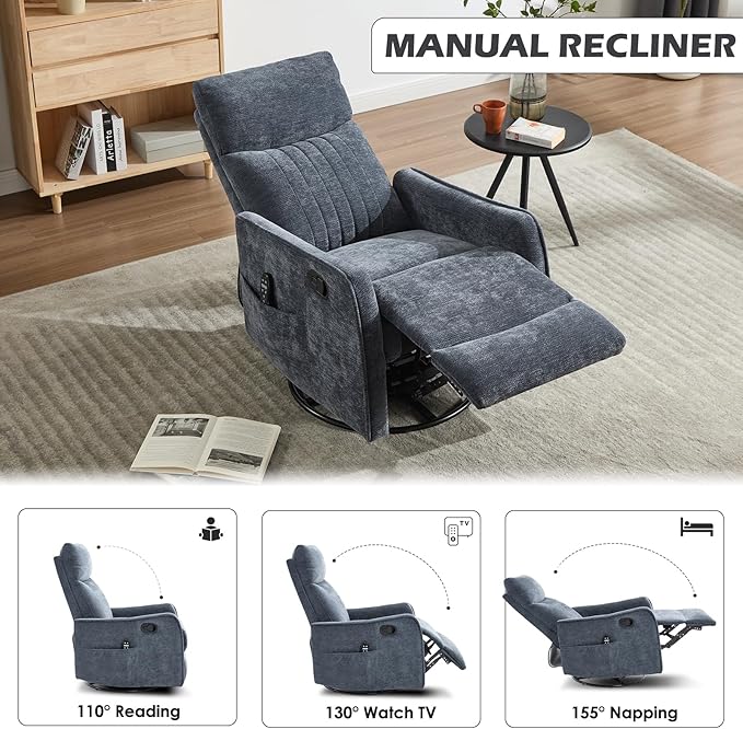 Swivel Rocker Recliner Chair 360° Swivel Recliner with Heat and Massage Rocker Recliner Nursery Glider Chair with Side Pockets for Living Room (Dark Blue Fabric)