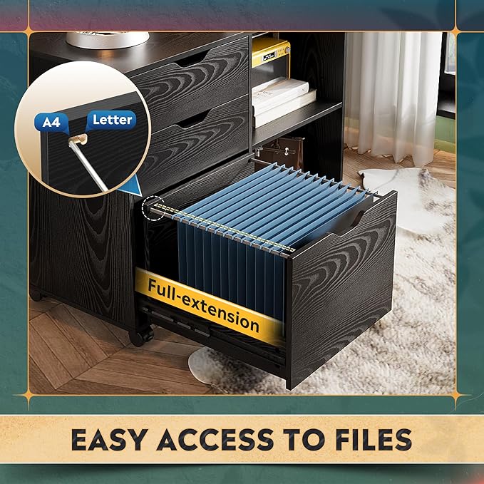 DEVAISE 3-Drawer Wood File Cabinet Mobile Lateral Filing Cabinet Printer Stand with Open Storage Shelves for Home Office Black